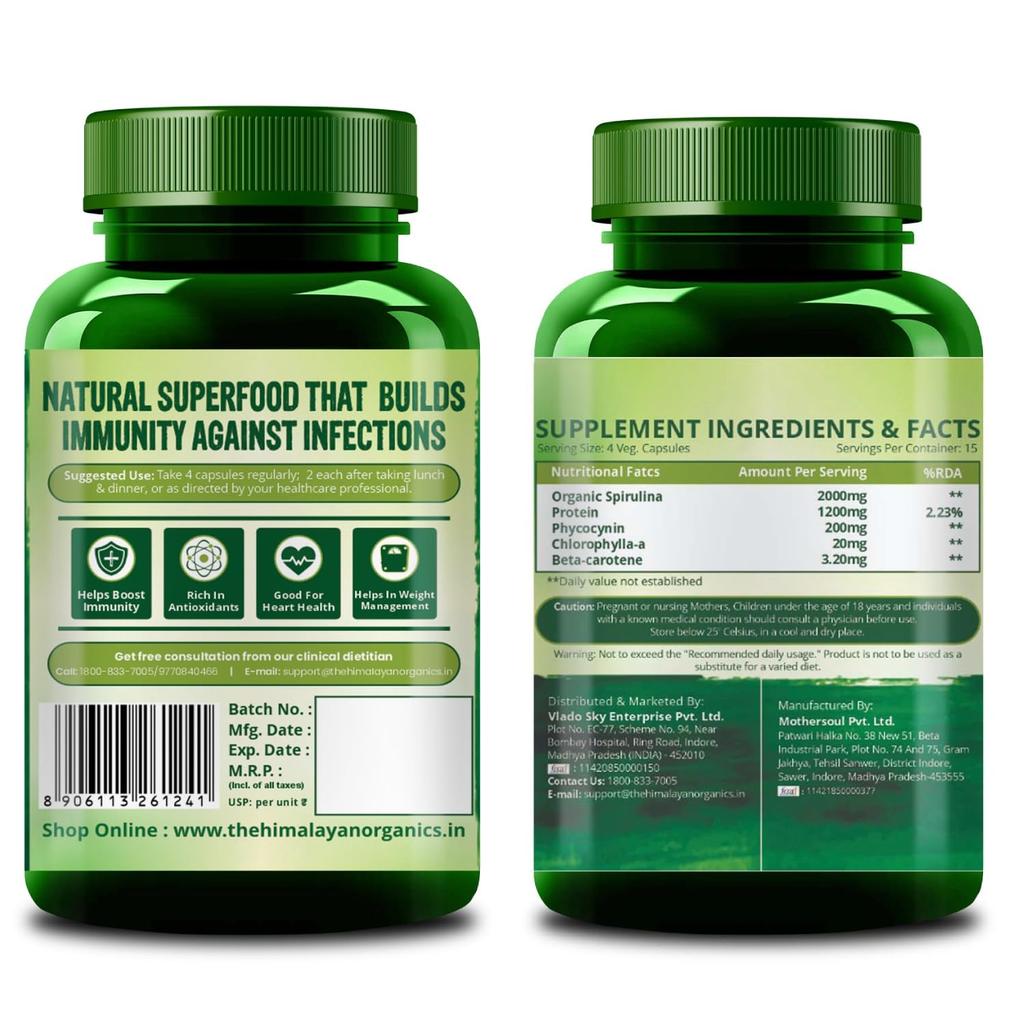 Vlado's Himalayan Organics Spirulina 2000 Mg Capsules Organic Green Superfood Supplement For Daily Wellness Support 60 Count