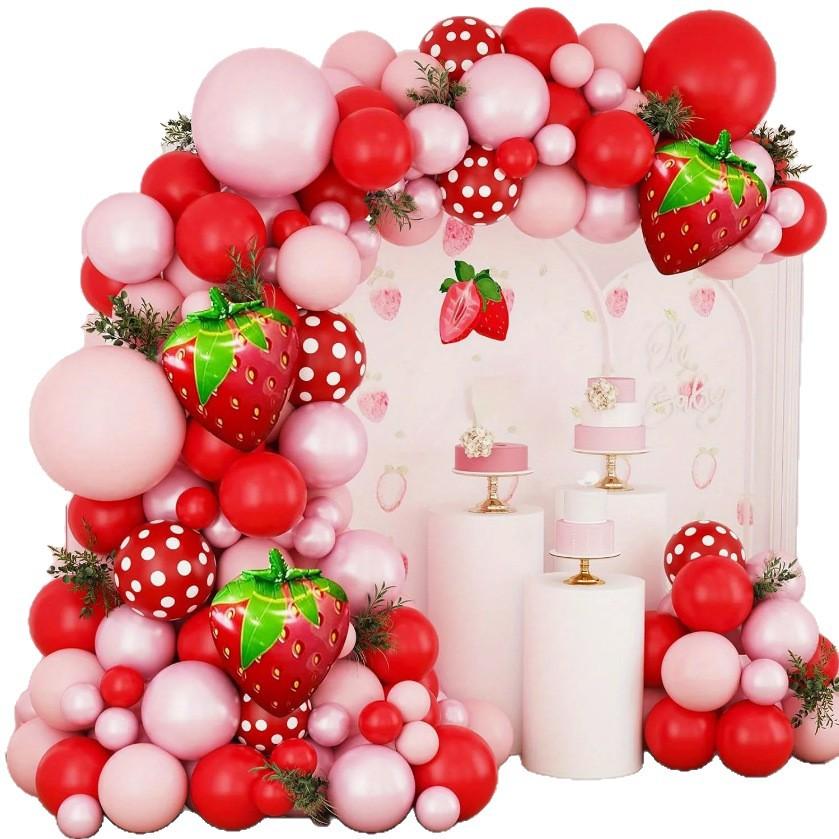 Strawberry Balloon Garland Arch Kit Birthday Party Backdrop Decoration for Boys Girls Pink
