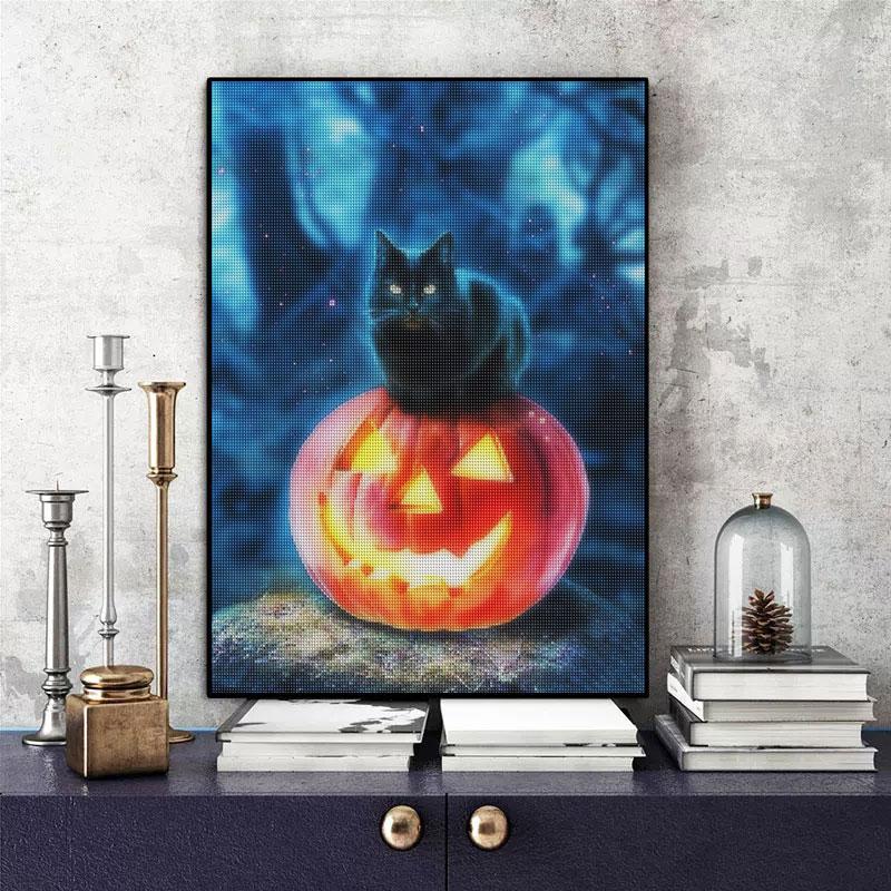 5D diamantmaleri Black Cat Pumpkin Diamond Brodery Halloween Mosaic Rhinestone Kit Gift 30x40cm/12x16inch