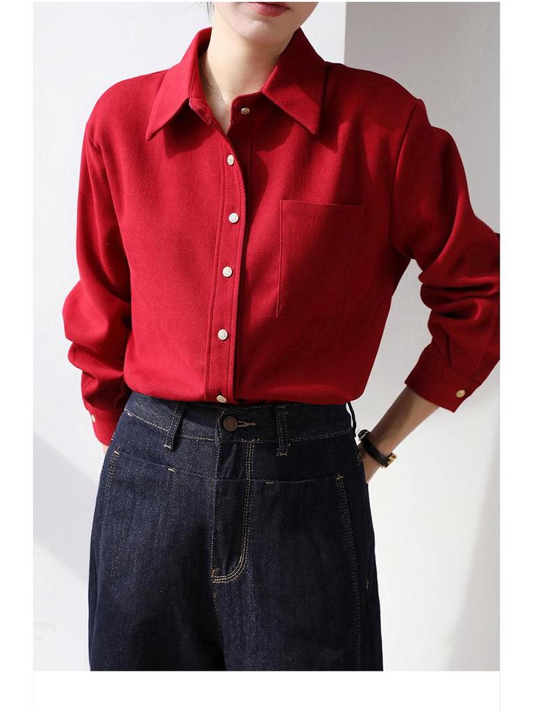 2026 Women's Brushed Cotton Long Sleeve Shirt - New Year Red, High-End Feel for Spring/Autumn, Perfect for Layering, Commute & Interviews