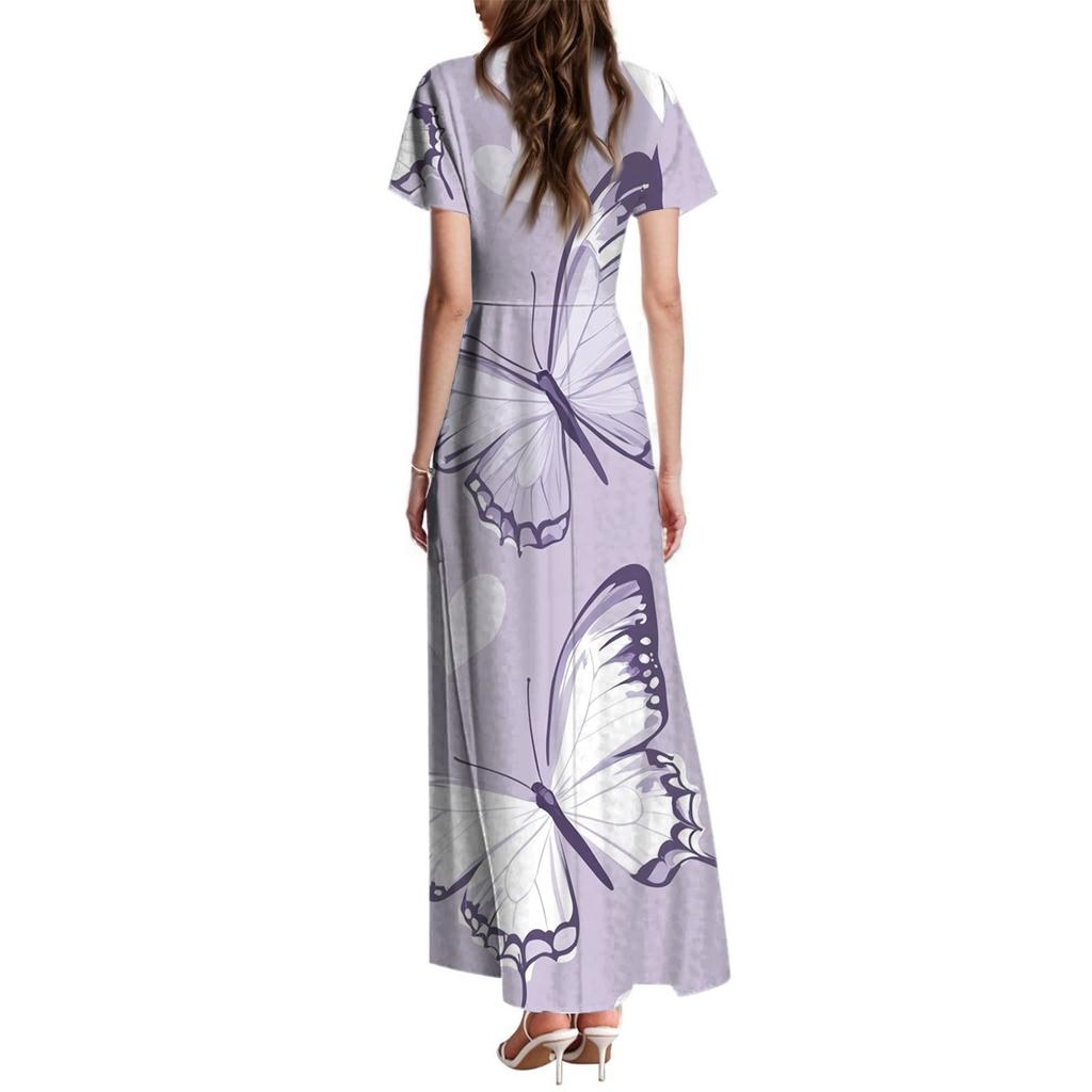 Women's Summer Casual Fashion Butterfly Print Dress V Neck Short Sleeve Dress
