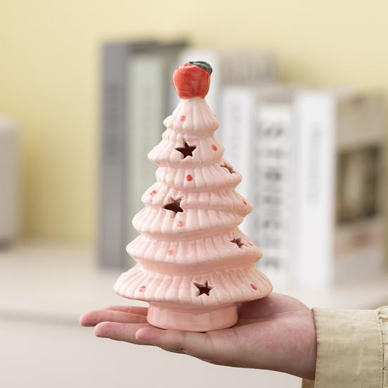Lighted Ceramic Christmas Tree Small Xmas Tree Figurine with Fruit Tree Topper Holiday Tabletop Centerpiece for Home Mantel Shelf Fireplace Decor