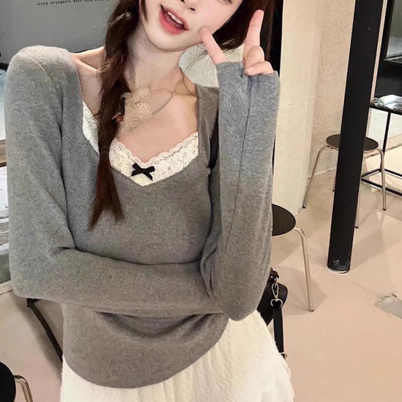 Spring & Autumn Lace Stitching Brushed Long Sleeve Top - Slim Fit, Warm & Stylish for Women