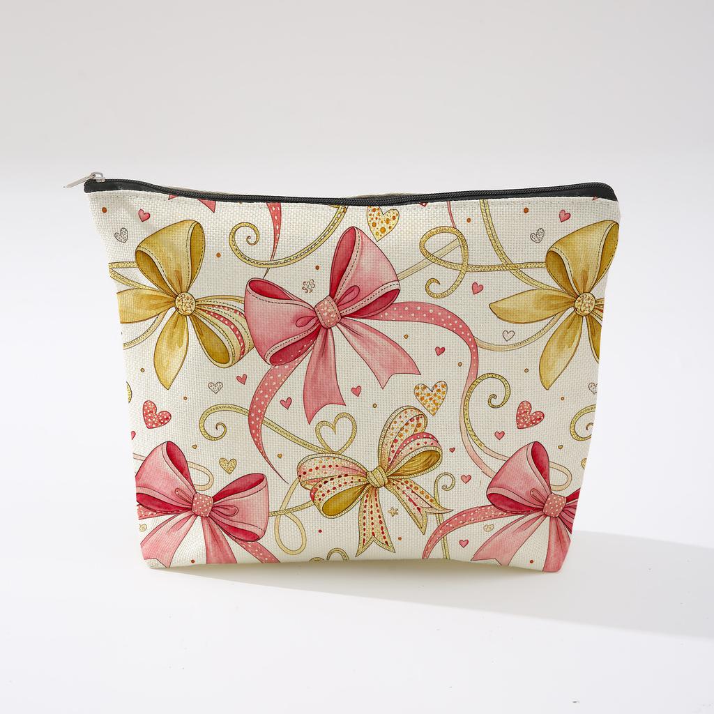 Pink Bowknot Zipper Storage Bag Travel Portable Wash Pouch Student Pencil Case Multi-Purpose Organizer for Women