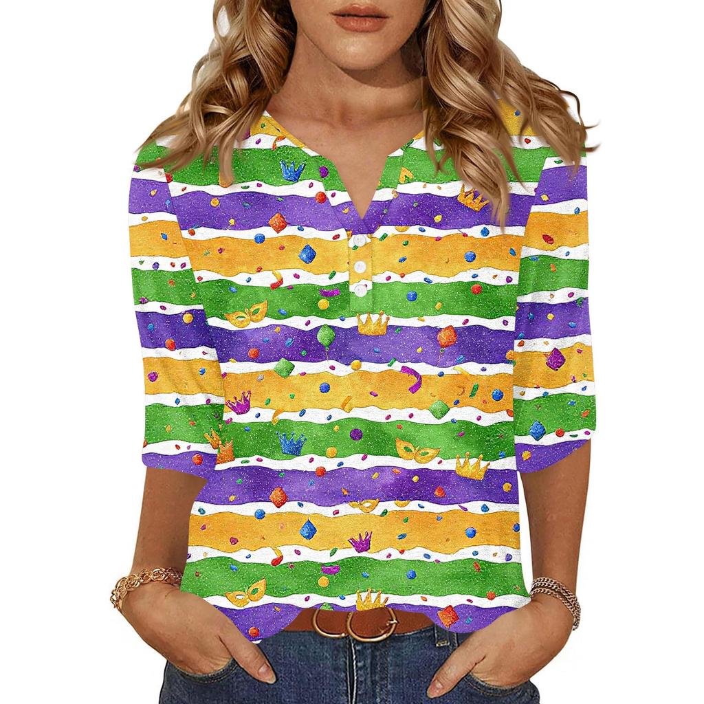 Dámské tričko s potiskem, knoflíky, 3/4 rukávy, pro každý den, na víkend, módní, základní, s výstřihem do V, běžný top