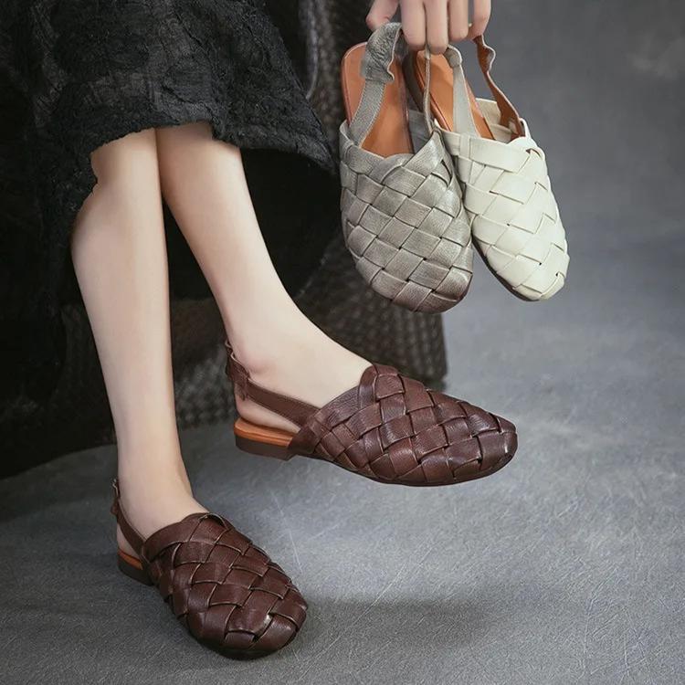 Johnature Ręcznie tkane sandały na płaskiej podeszwie z prawdziwej skóry, z okrągłym noskiem. Codzienne, wszechstronne buty damskie