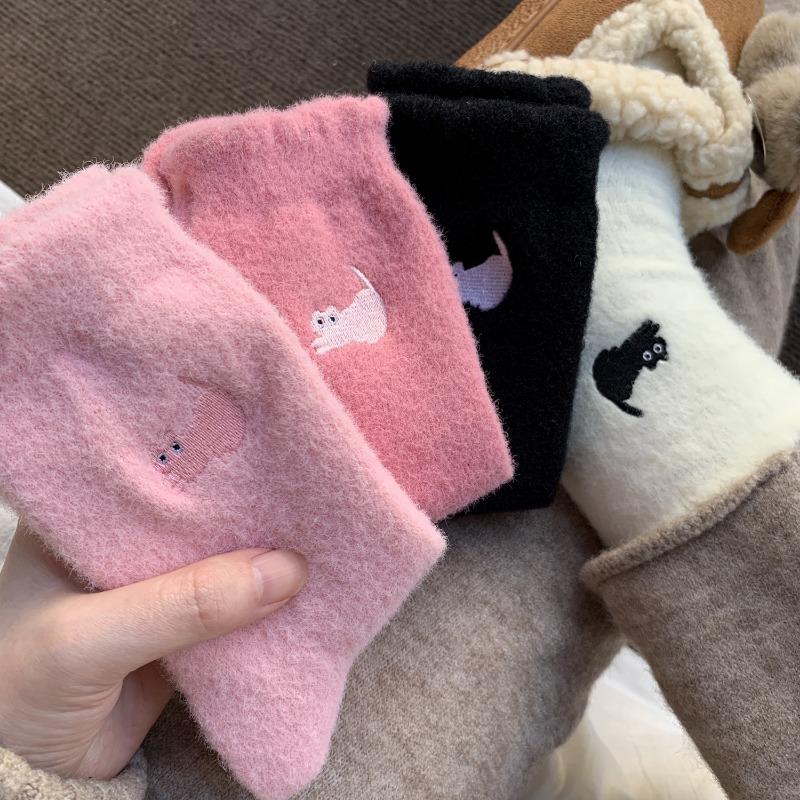 1/3pairs Cute Cat Patterned Thickened Mid-Calf Socks Autumn Winter Warm Mink Coral Velvet Homewear Sleep Floor Soft Sock Sox