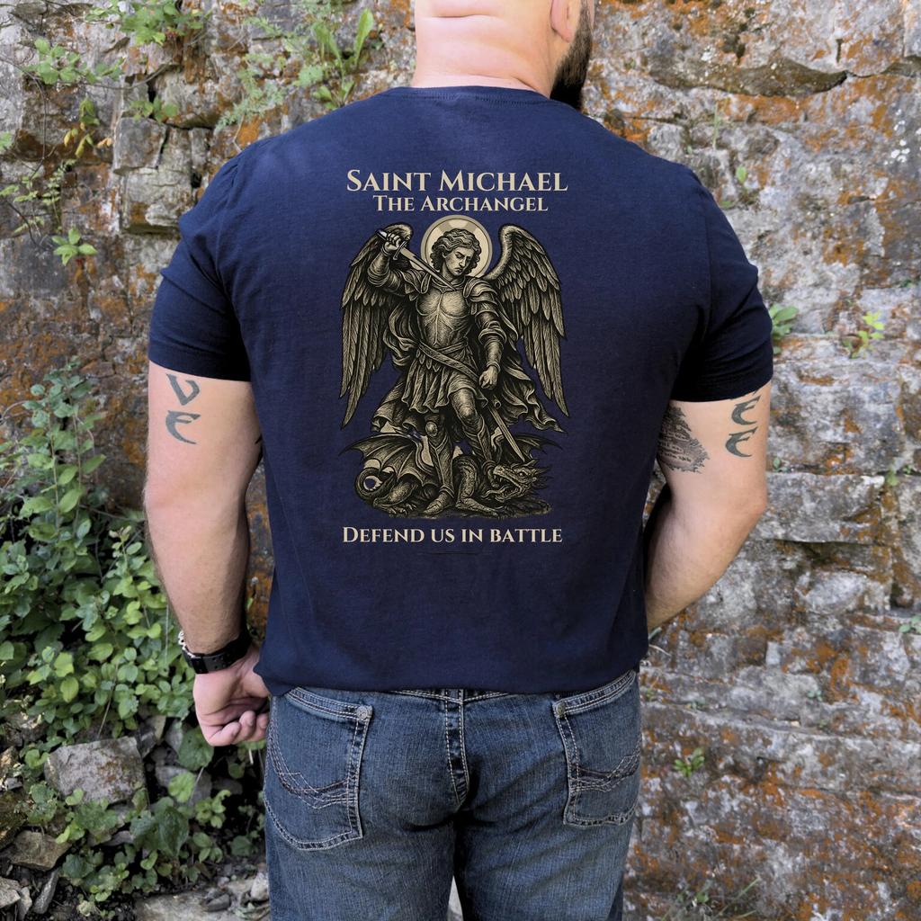 Saint Michael The Archangel T-Shirt Catholic Warrior Spiritual Armor Tee Men Clothing Comfortable