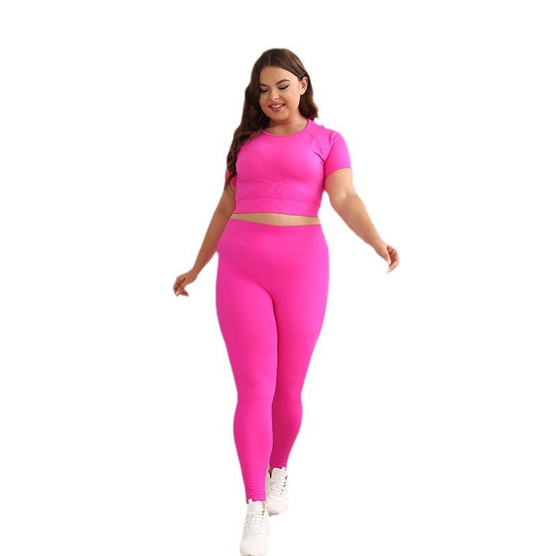 Pink Solid Color Short Sleeve Yoga Set - Two-Piece Summer Outfit