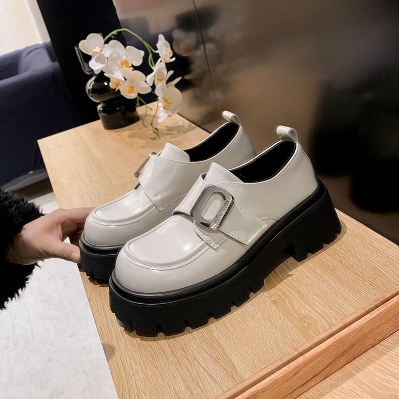 

British style platform heightening small leather shoes for women 2025 autumn and winter metal Velcro versatile loafers for women 40 білий