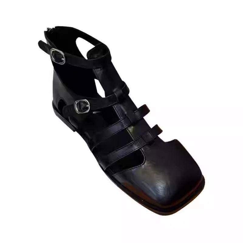 Summer High-quality Women's Shoes, Fashionable Solid Color Low-heeled Square Toe One-line Buckle Zipper Women's Toe-cap Sandals