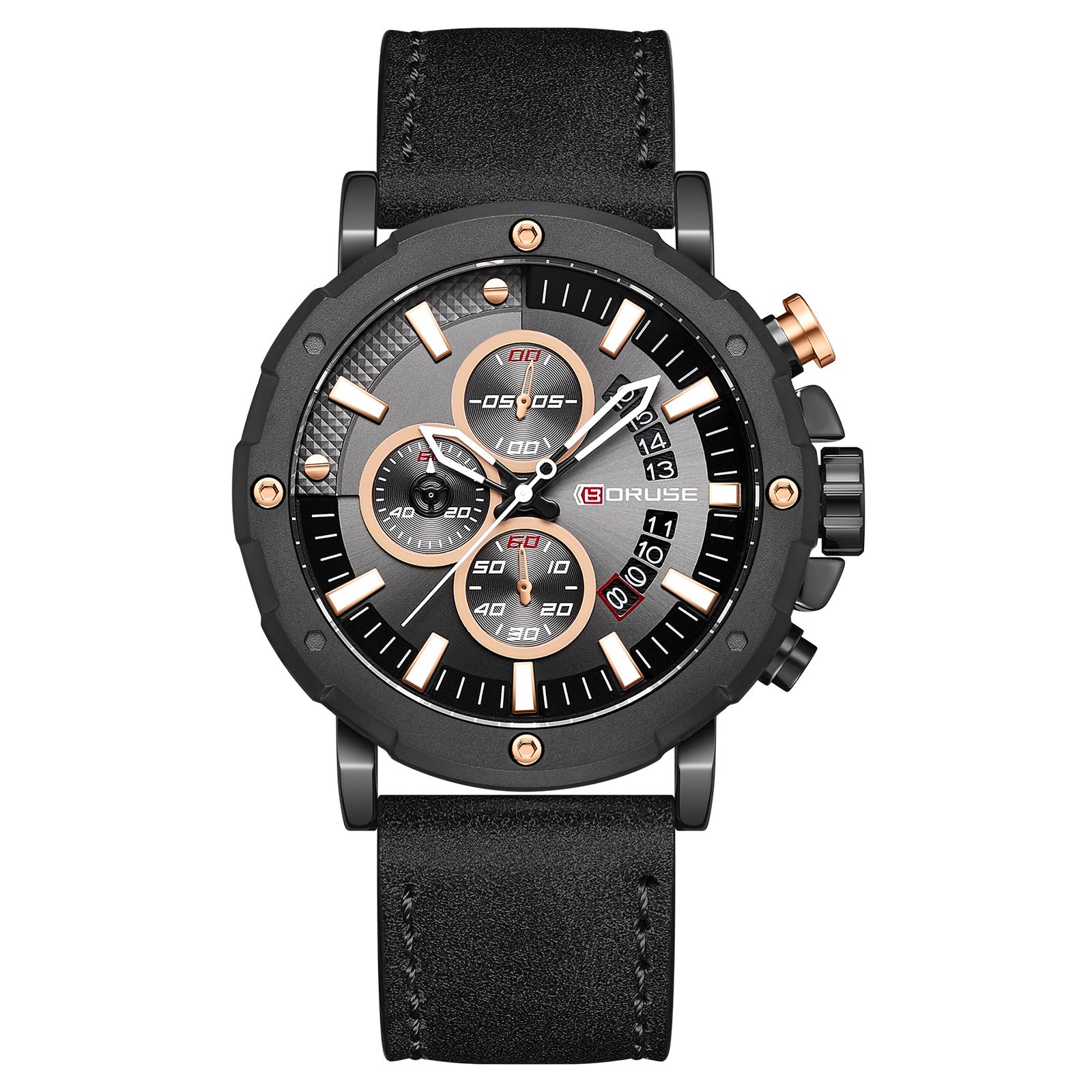 

BORUSE Мужские деловые часы Pointer Quartz Мужские часы Luxury Round Мужские часы Кожаный ремешок для мужчин Аналоговые мужские часы с календарем чёрный