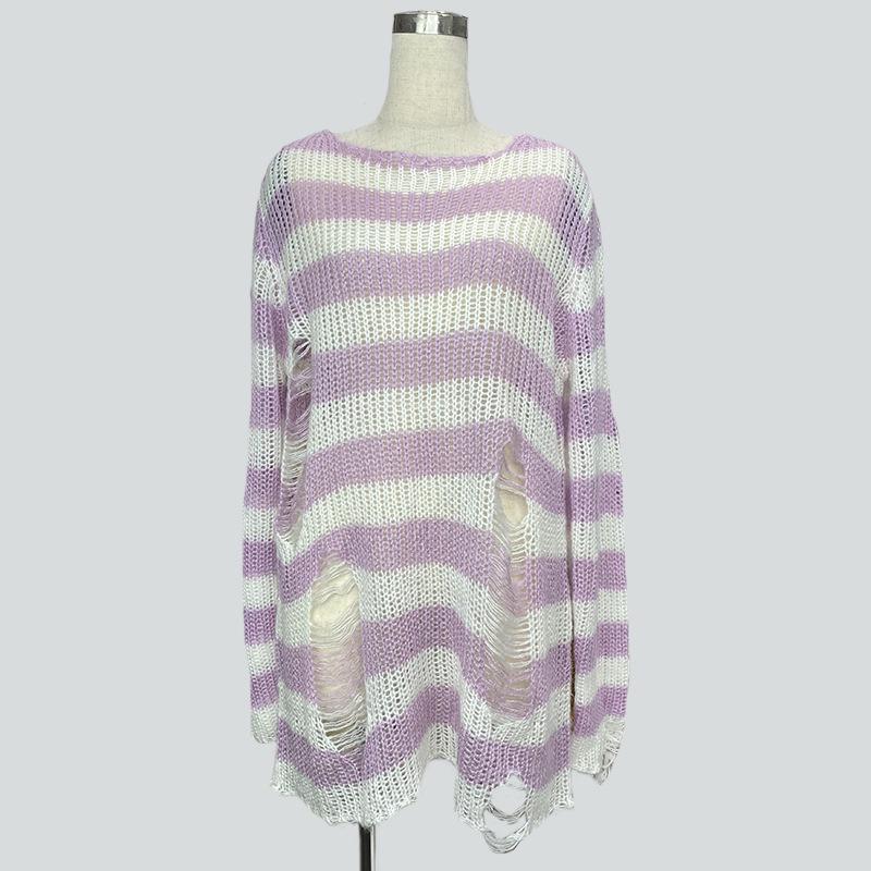 Stripet mohairstrikket genser: Damelengde Løs passform med rippede detaljer