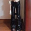 Women's Plus Size High Waist Black PU Leather Flared Pants - Pear-Shaped, Wide Leg, Floor-Length, Autumn Collection