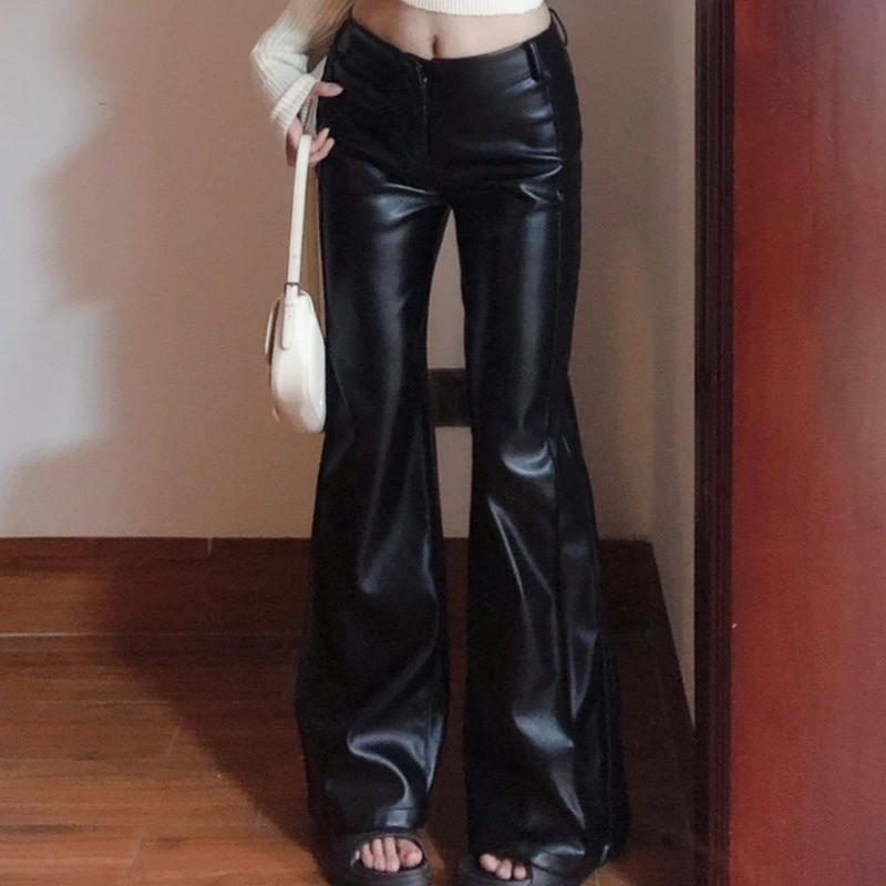 Women's Plus Size High Waist Black PU Leather Flared Pants - Pear-Shaped, Wide Leg, Floor-Length, Autumn Collection