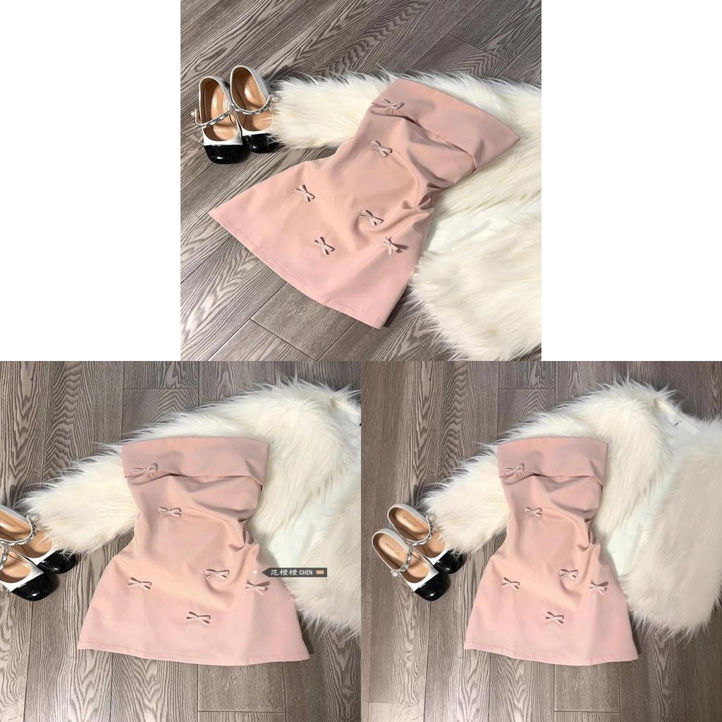 Pure Desire Korean Style Pink Satin Off Shoulder Dress With Bow For Summer Party Wear