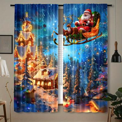 2pcs Set Christmas Santa Claus Curtains Rod Pocket Window Treatments For Bedroom Living Room Kitchen Office Semi-Transparent