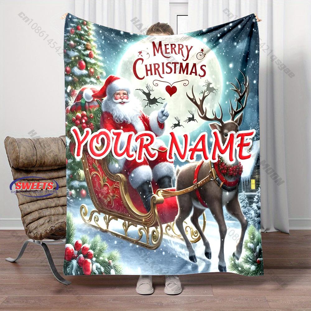Personalized Custom Name Santa Sleigh Reindeer Christmas Blanket, Merry Christmas Moon Night Flannel Throw Blanket,Holiday Gift
