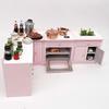 Dollhouse Miniature Furniture Kitchen Wooden Pink Cabinet Sink Counters Dollhouse Decoration