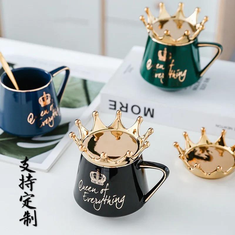 Crown Ceramic Coffee Cup Fine Couple Mug with Lid Simple Afternoon Tea Coffee Cup Breakfast Milk Coffee Mug Birthday Gift 400ml