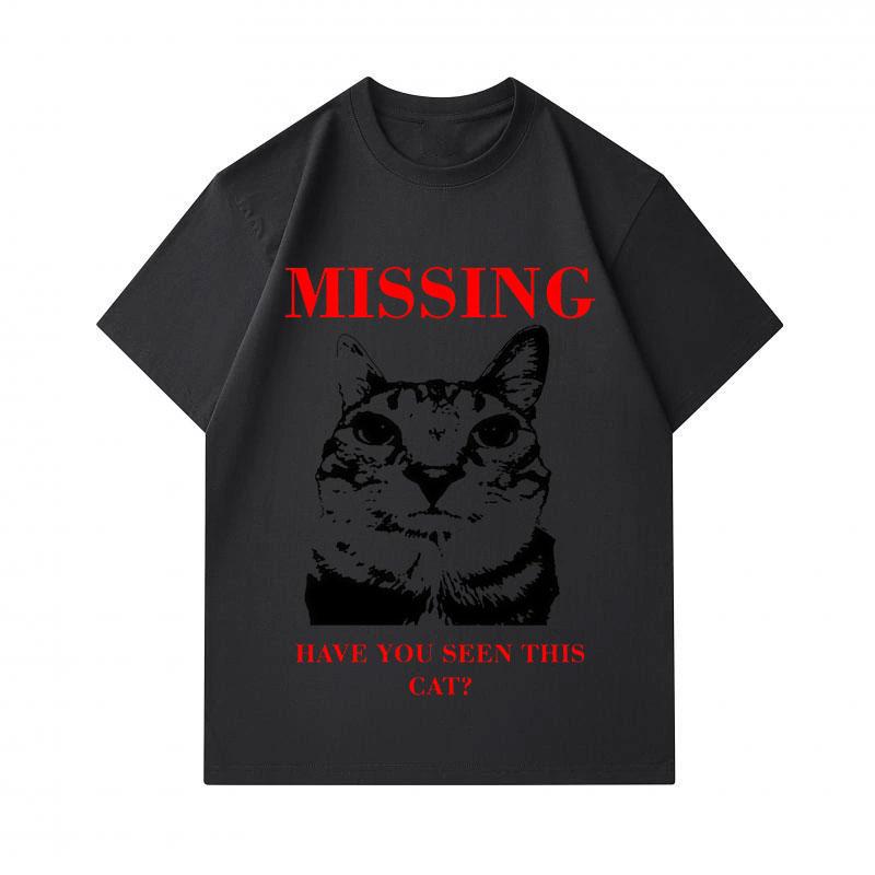 Men's 100% Cotton Crew Neck Short Sleeve T-Shirt, Funny Missing Cat Printed Casual Lightweight Tee for Daily Wear, Comfy Breathable Summer Top with Un