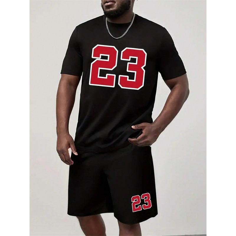 Men's Short Sleeve Shorts 2-Piece Tracksuit Fashion 23 Digital Printed Crewneck T-Shirt and Drawstring Shorts Set