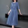 Women Round Collar Solid Color Dress Ladies Mid-length Waist Long Skirt Cotton A-Linen Dresses Women Clothing