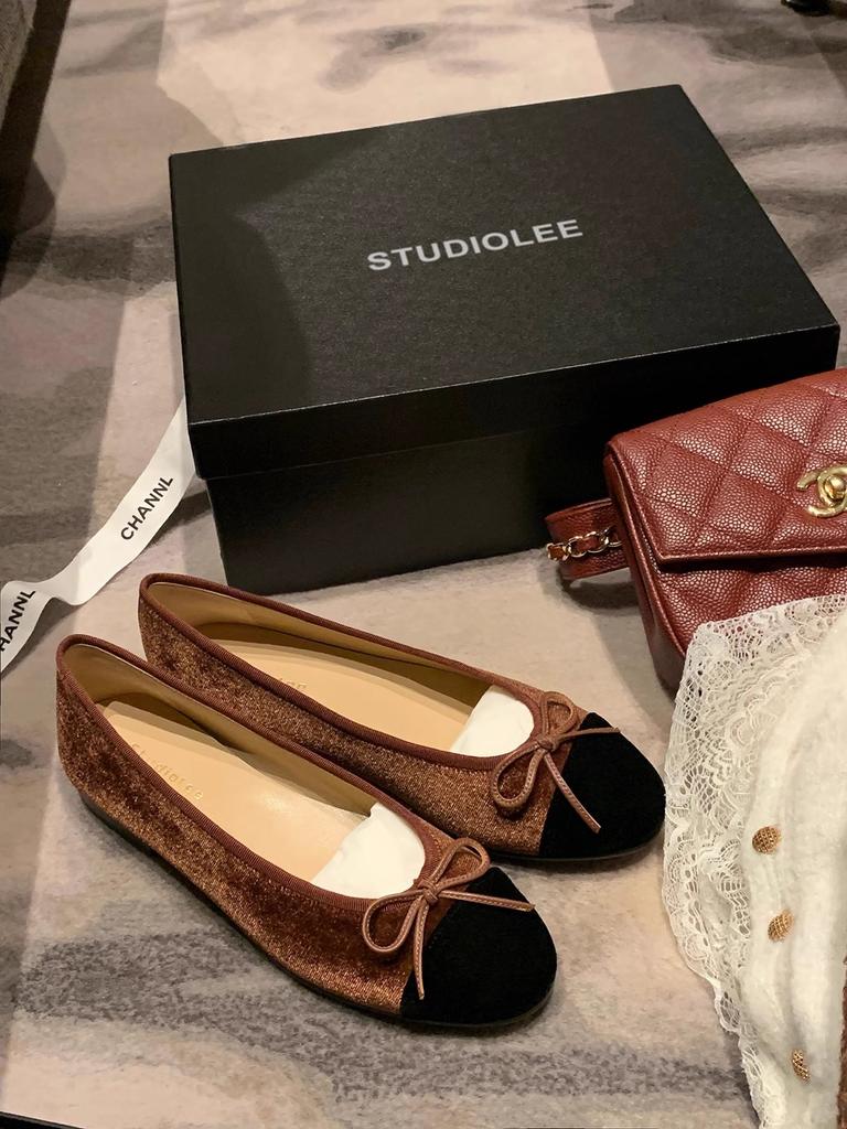 Schafslederversion~ Echtes Leder klassische spitze runde Zehe Schleife Samt Tweed leichte Mündung Einzelne Schuhe Damen