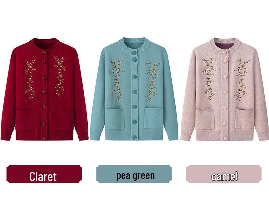 Dámský plusový sametový zesílený kardigan - Jarní a podzimní pletený svetr pro středního věku a starší