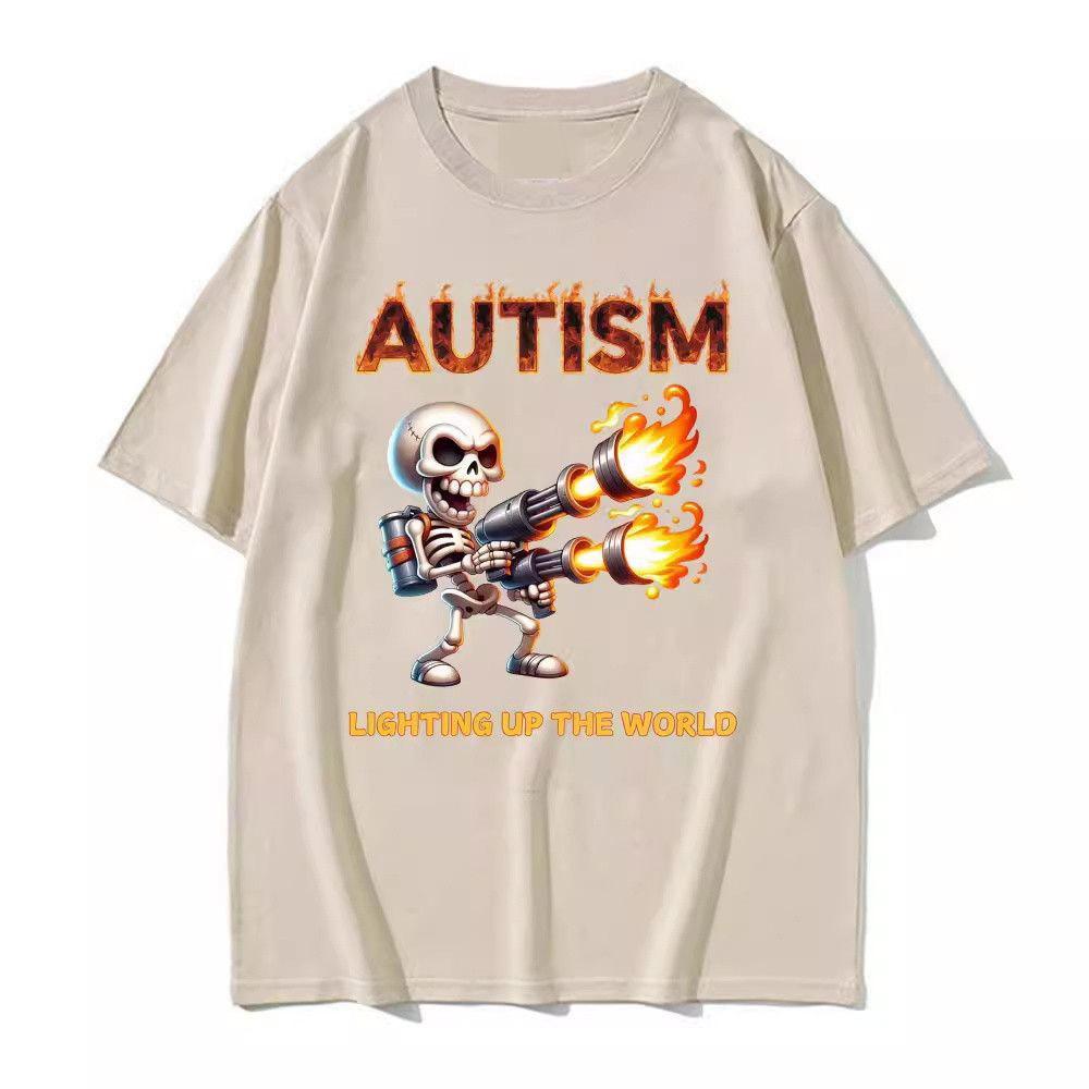 SpringSummer New Autism Funny Skull Pattern Printed Short Sleeve Tshirt for Men and Women Street Casual Round Neck Tshirt