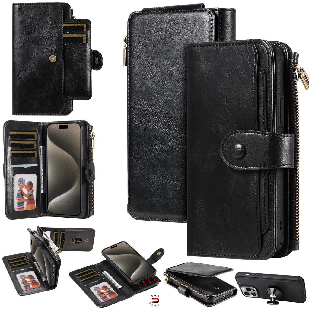Luxury Detachable Retro Leather Case for iPhone 16 15 14 Pro Max 7 8 XR Xs Max 11 12 13 Mini 14 Plus Cover Zipper Wallet Purse