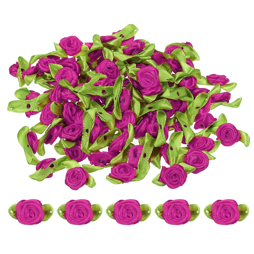 100/200 szt. Mini Różeczki z Wstążki Malutkie Kwiatki z Satynowej Tkaniny z Zielonymi Listkami Ozdoby Rozetki Aplikacja do DIY Szycia Ślubnego