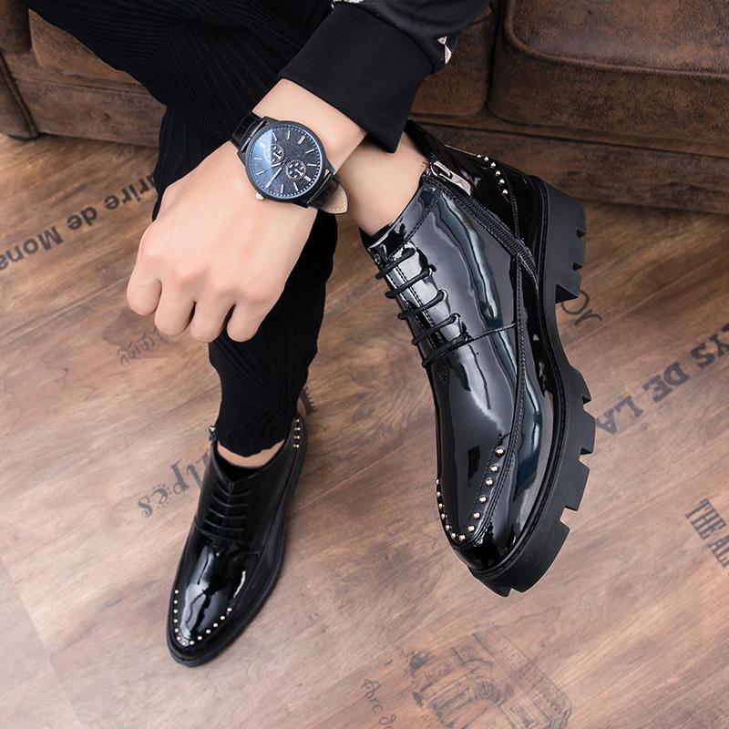 Boots Men Black Zipper Patent Leather Thick Soled Shoes European Youth Style Fashionable Chelsea Boots Size 38-44 Men Boots