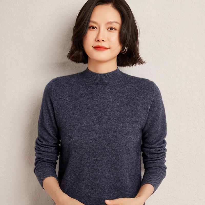 Women's Fashionable Cashmere Half-High Collar Knit Top - Versatile Long Sleeve Warm Base Layer for Autumn/Winter