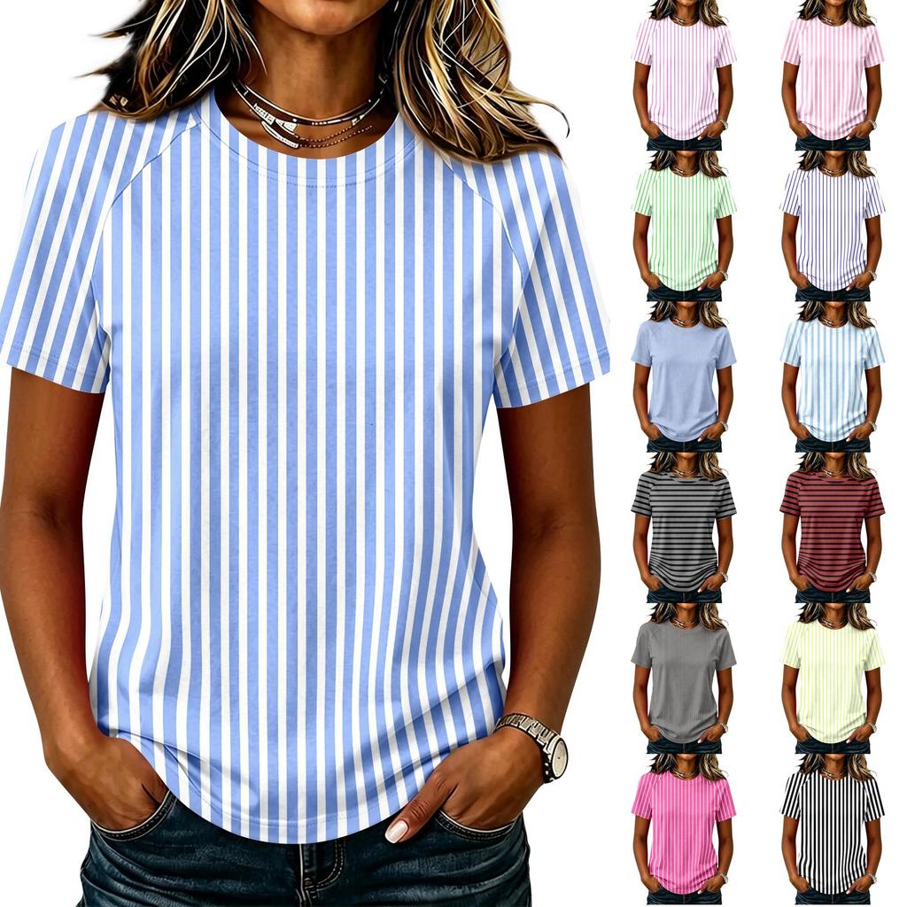 Women's Short Sleeve Raglan Pullover Neck Striped Print Casual Summer Fashionable Blouse Tunic Top for Women Everyday Outfit