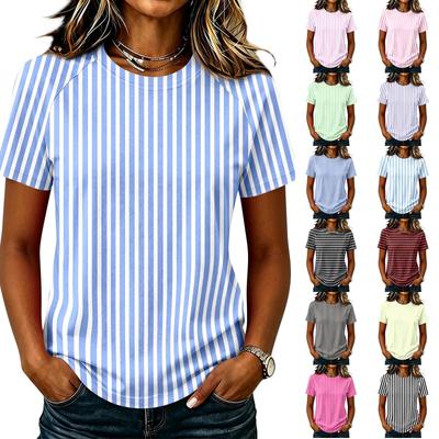 Women's Short Sleeve Raglan Pullover Neck Striped Print Casual Summer Fashionable Blouse Tunic Top for Women Everyday Outfit