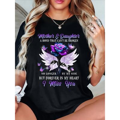 T-shirt da Donna Taglie Forti Europee con Grafica di Ali di Farfalla Commemorative - T-shirt Girocollo con Citazione Emotiva Madre e Figlia