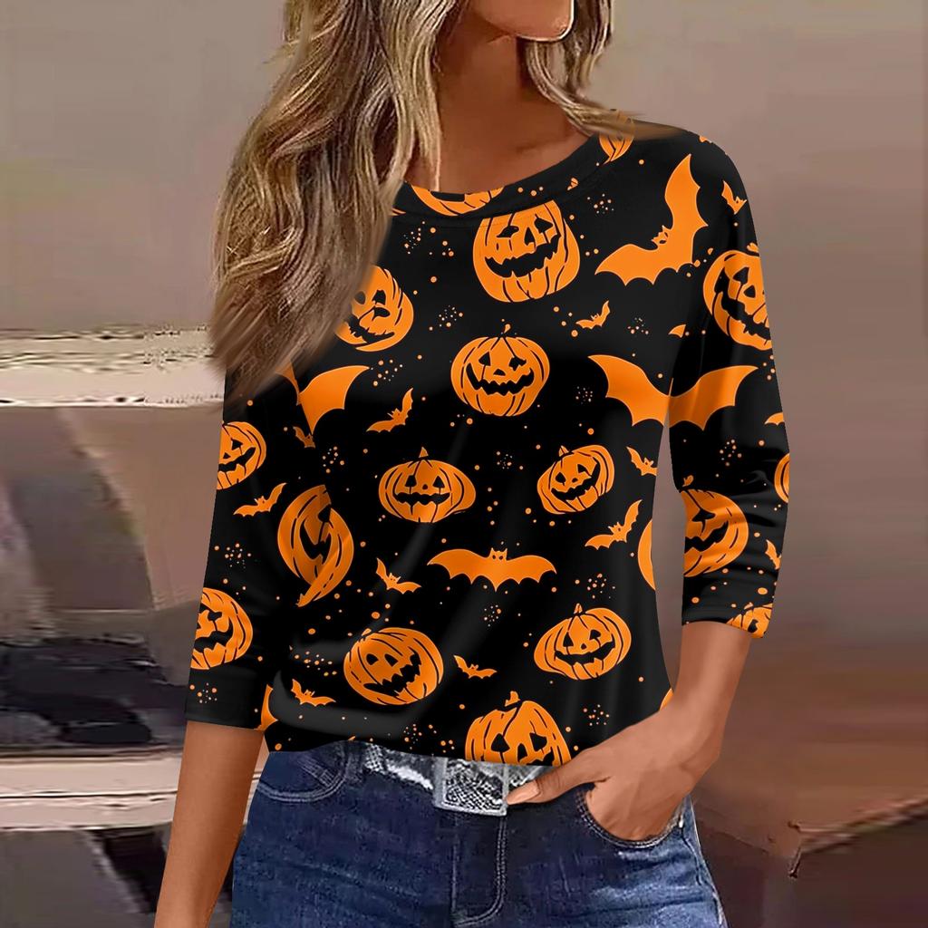 Women's Halloween T-Shirt Three Quarter Sleeve Round Neck Loose Fit Casual Blouse Top Fall Party Costume Outfit Print