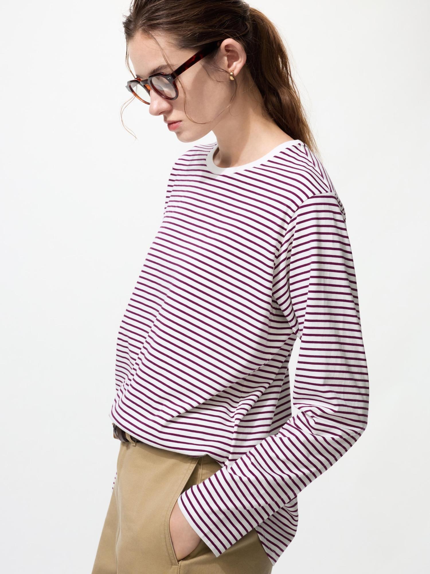Uniqlo Япония Мягкий Хлопок Круглый Подол Футболка Длинный Рукав Полоска 77 PURPLE/S