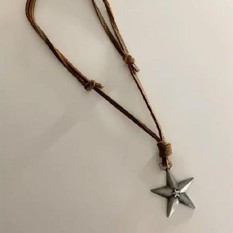 Adjustable Leather Rope Star Pendant Necklace for Women Vintage Ethnic Style