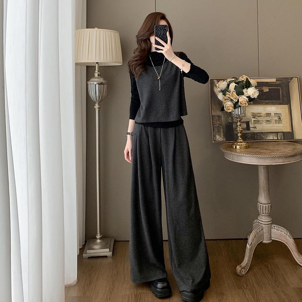 2025 French Retro Three-Piece Women's Suit: Autumn/Winter Vest, Top & Wide-Leg Pants