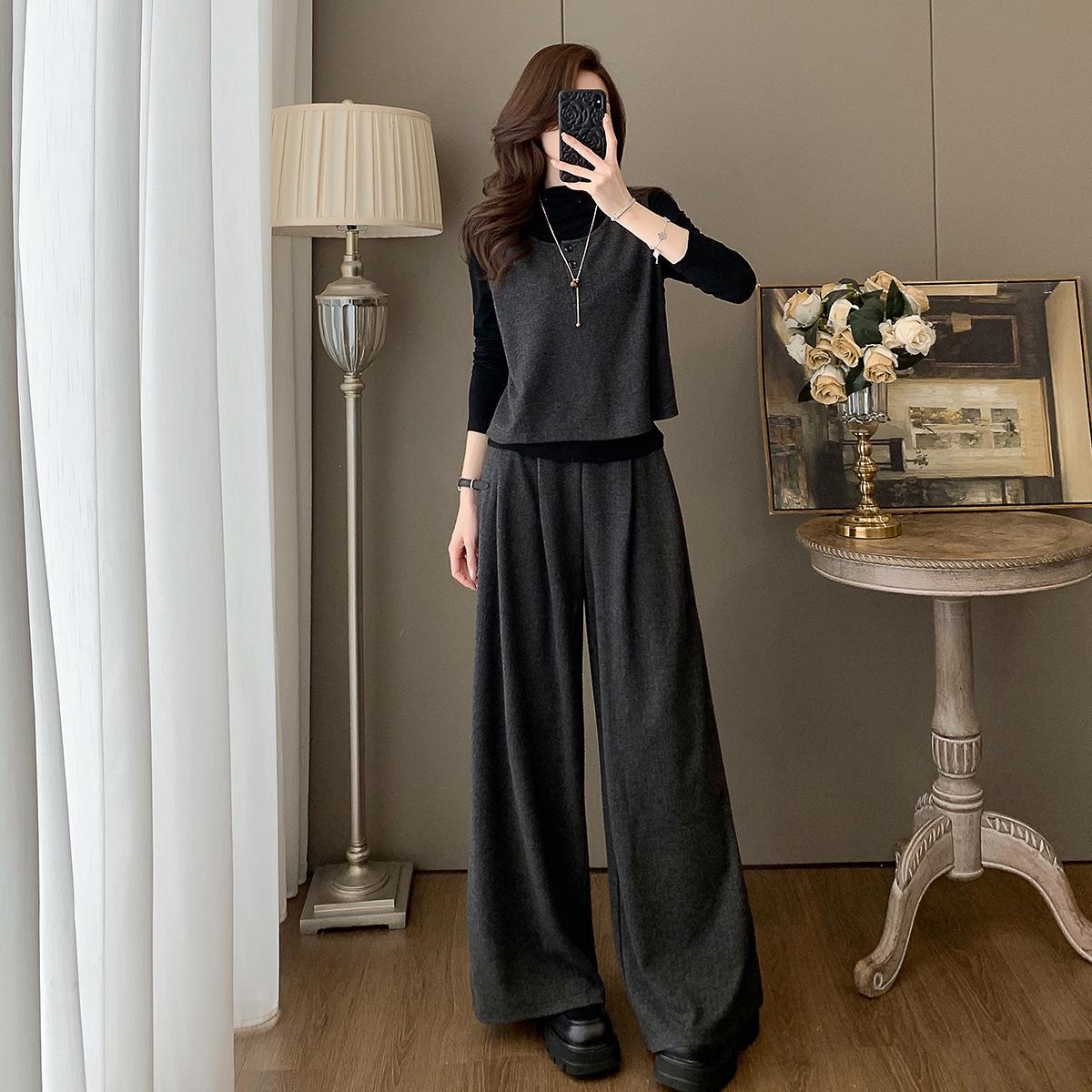 2025 French Retro Three-Piece Women s Suit: Autumn/Winter Vest, Top & Wide-Leg Pants XXL