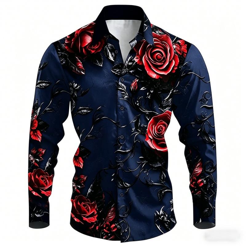 2026 New Men's Shirt with Black Background and Red Rose Print, Slim Fit and No Iron Business Casual Shirt, Versatile Top