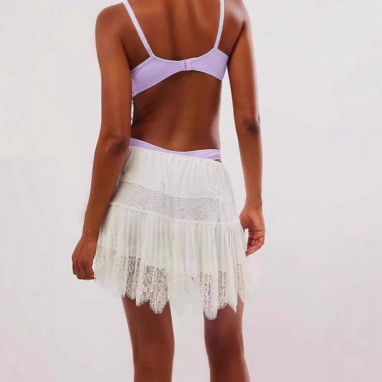 Women's Elastic Waist Irregular Lace Ruffle Mini Skirt Romantic Ballet Style Sheer Layered Skort