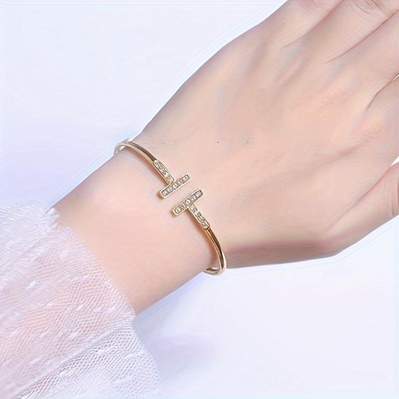 Women's Electroplated Double T Bracelet with CZ Diamonds Flexible Bracelet Delicate Gold Cuff Bracelet