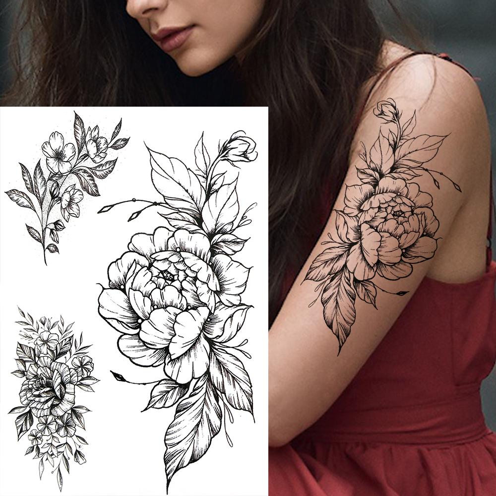 Owl Bird Temporary Tattoos For Women Fake Peony Flower Tattoo Sticker Black Body Art Drawing Tatto Diamond Crystal Jewelry Tatoo