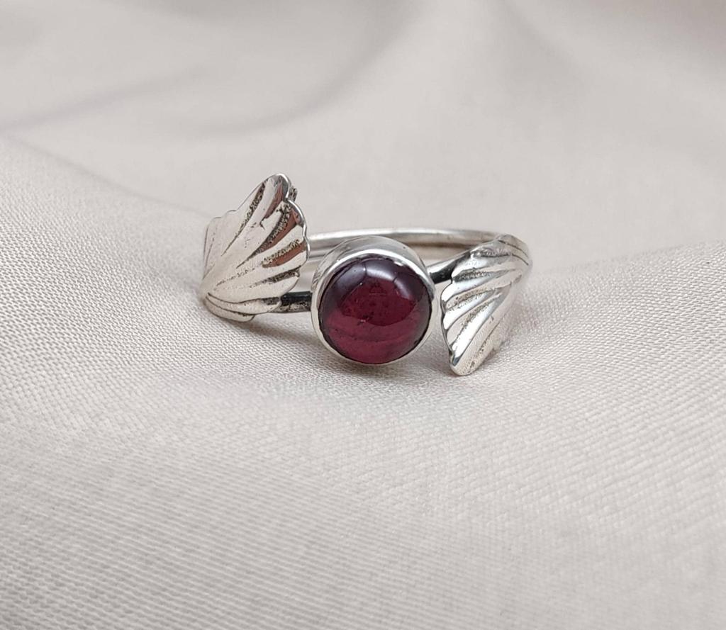 Red Garnet 925 Sterling Silver Ring – Adjustable Leaf Design, Natural Gemstone January Birthstone Jewelry