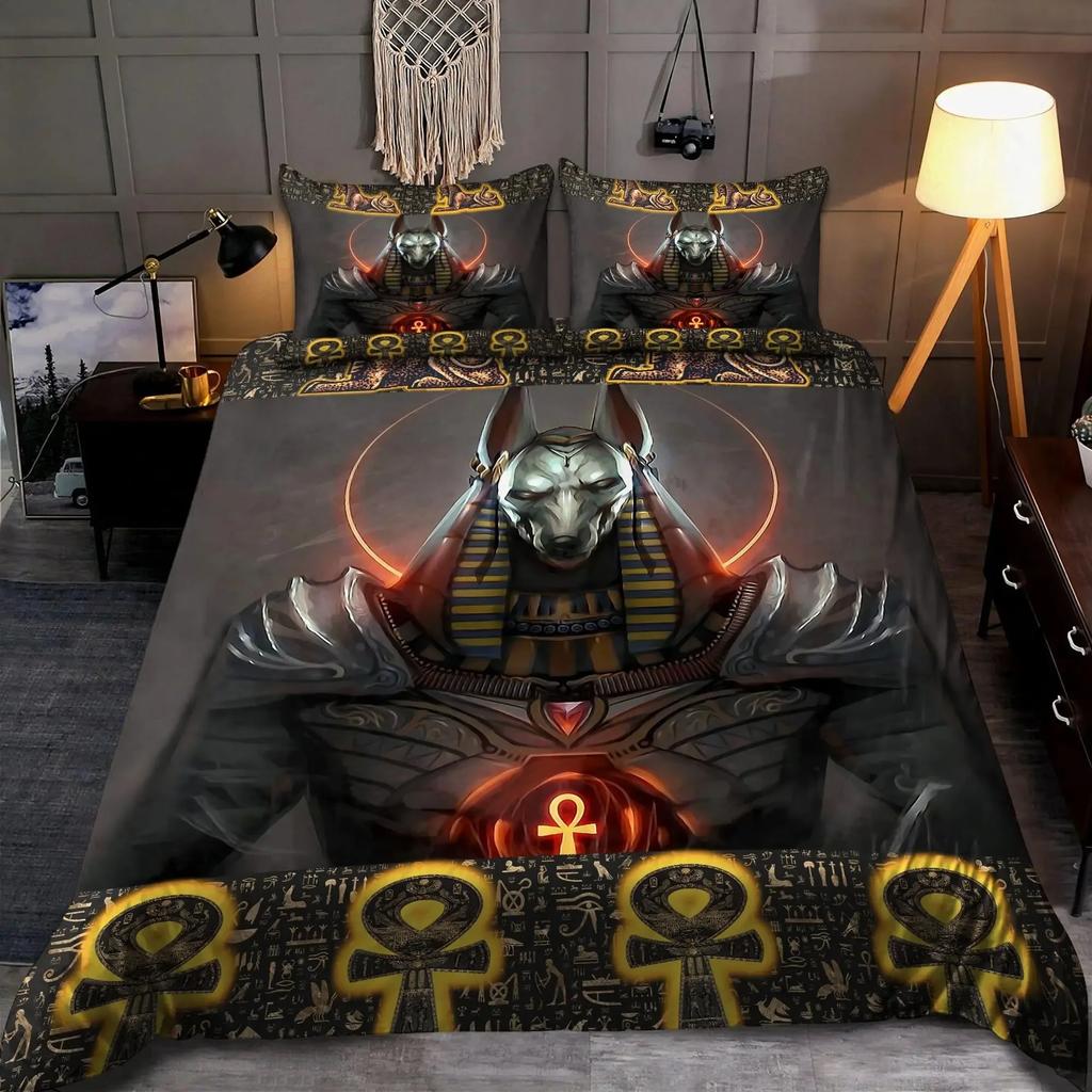 Oldtidens Egypt Anubis Dynetrekksett Egyptisk Symbol Kultur Sengetøy Vintage Farao Pyramide Boho Tribal Dynetrekk Queen