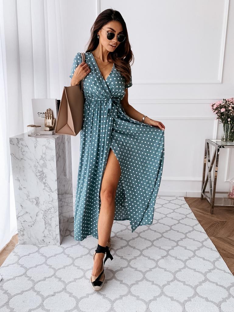 Womens Boho Beach Holiday Dress Summer Fashion Maxi Dress Short Sleeve V-Neck Ladies Polka Dot Dreeses Split Vestidos For Femela