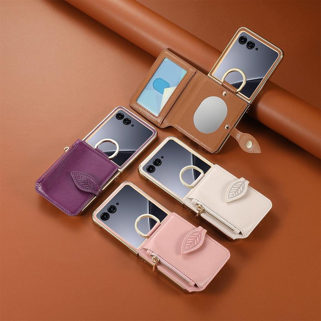Luxury Zipper Leaf Magnetic Ring Holder Mirror Cards Solt Leather Phone case For Motorola Razr 60 50 Ultra Shockproof Cover